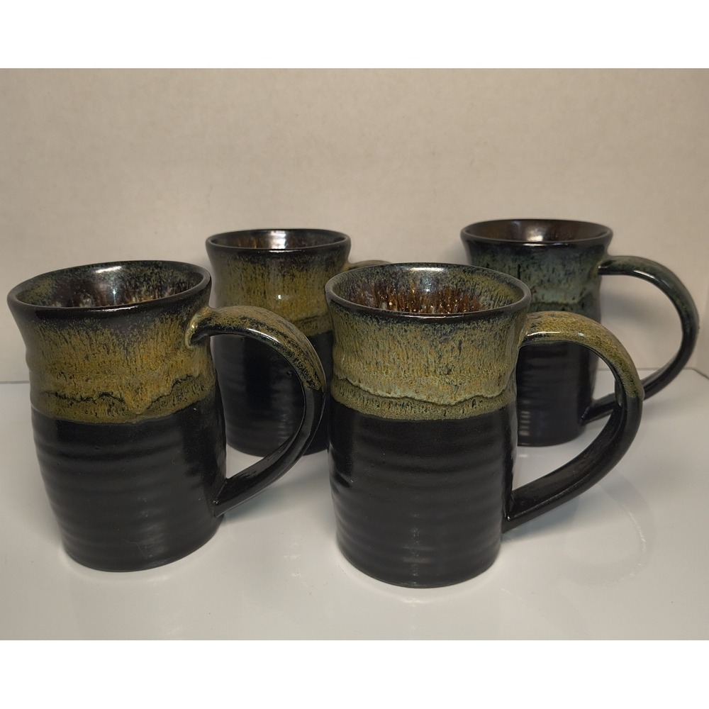 Biltmore Inspirations Drip Glaze Pottery Coffee Mug Set Dark Brown W Tan, Blue
